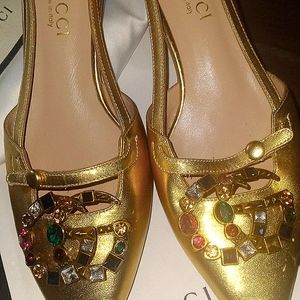 Gucci Slingback shoes..size 37 Gold with multi color gems and bamboo heel..